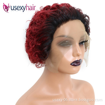 Cheap pixie short curly bob 99J burgundy raw indian virgin human wig 13x1 frontal curls short wigs pixie cut human hair wig